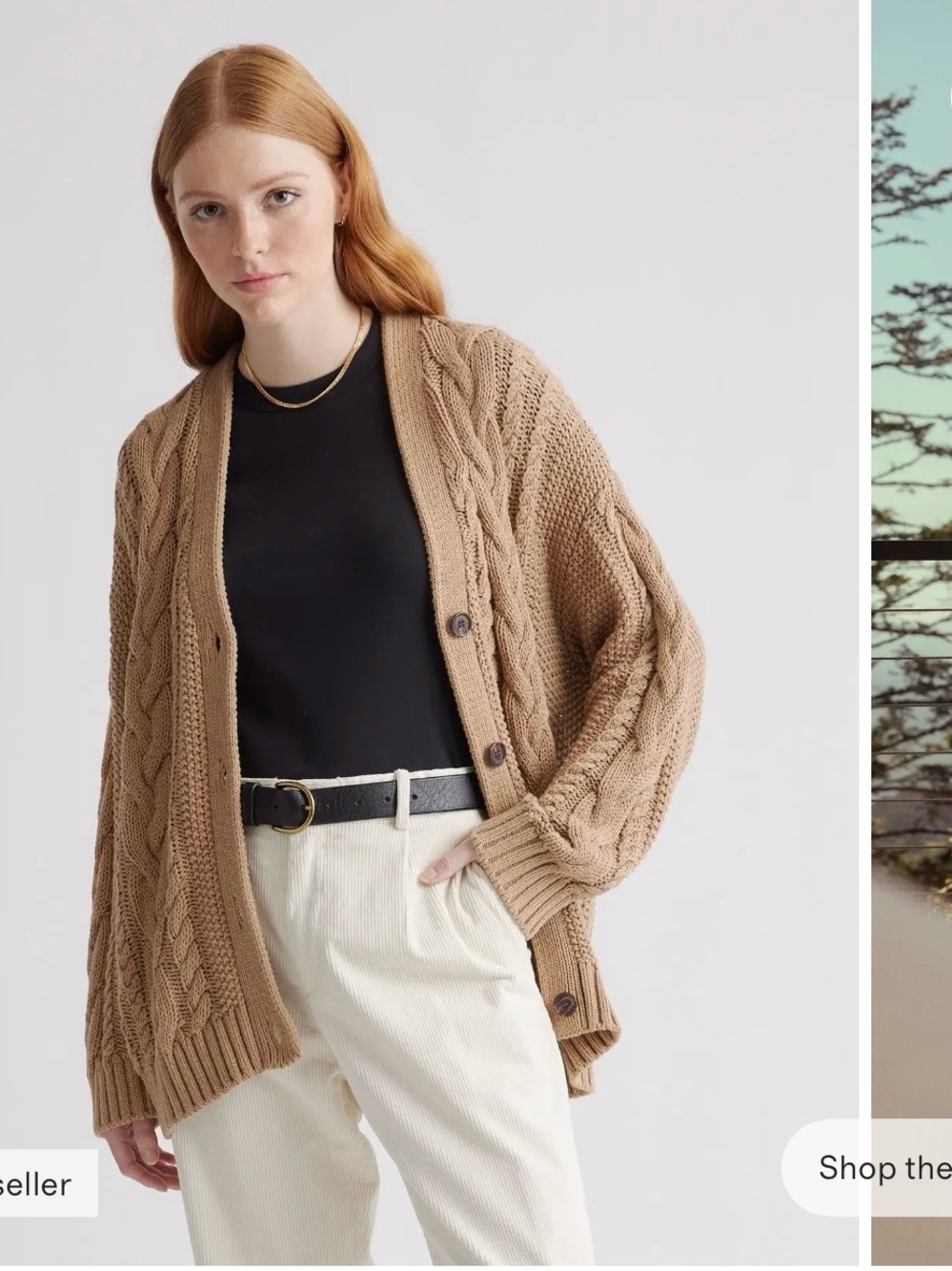 100% Organic Cotton Oversized Cable Knit Sweater - color camel